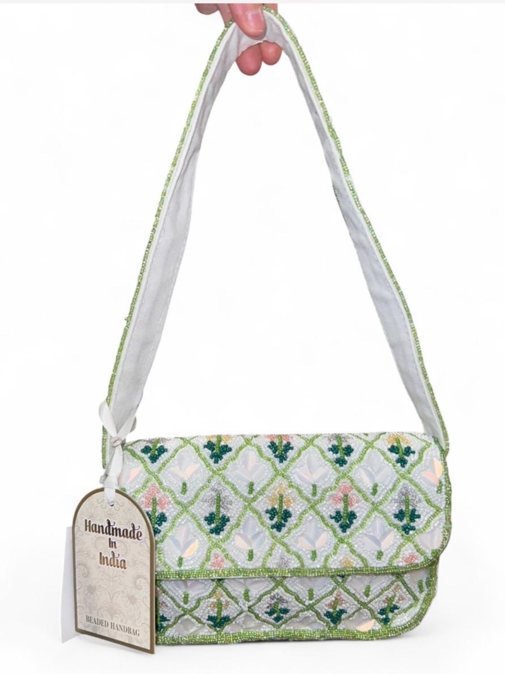 white and green lattice floral beaded shoulder bad made in india